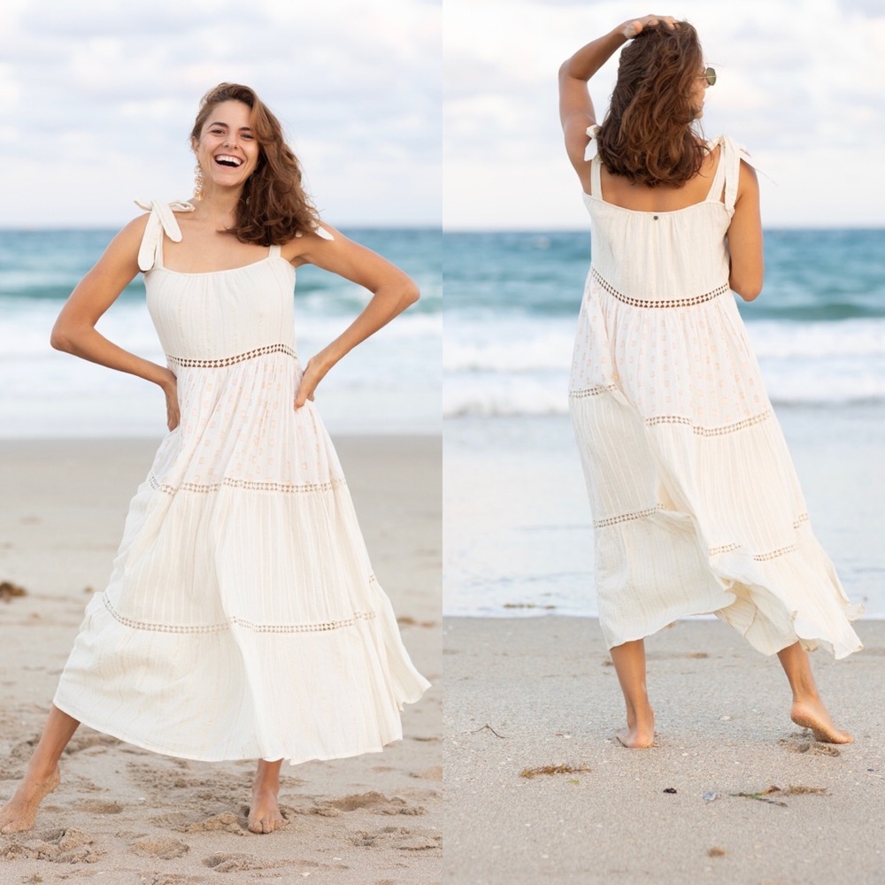 Women Z&L Ivory Maxi Dress in 100% Cotton with gold details  and ribbons straps